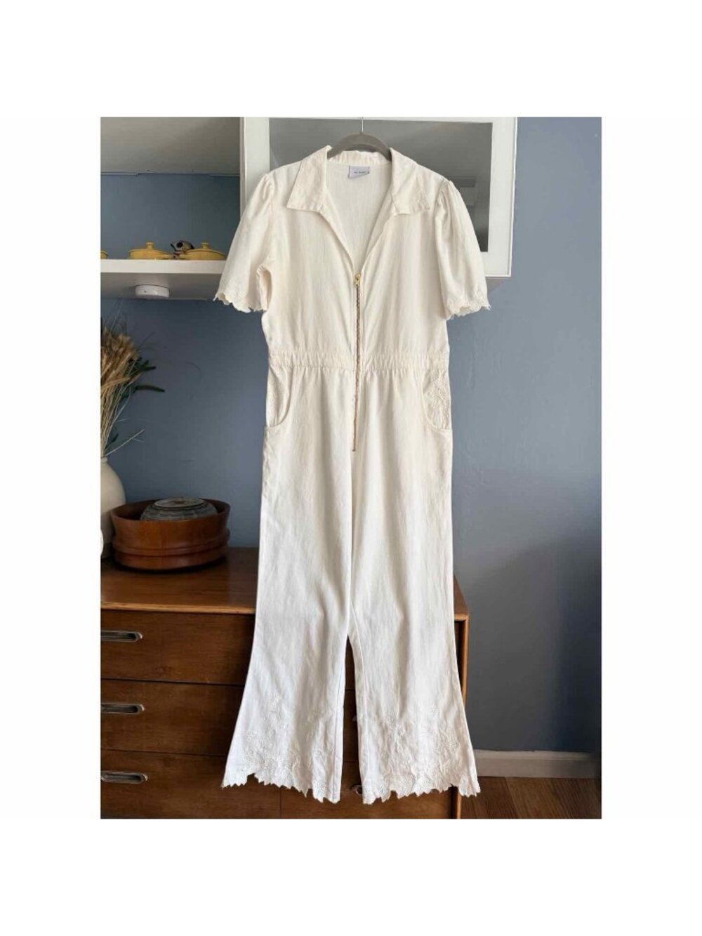 Rue Stiic White Embroidered Jumpsuit Wide Leg Size M Front Zip